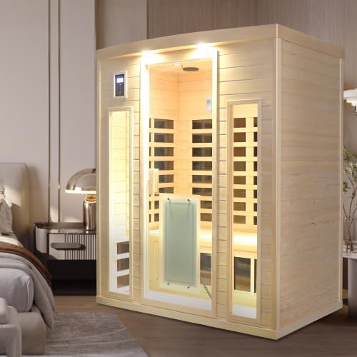 BYCDD Low EMF Three Person Far Infrared Sauna Kit by Heating Method for Home, Steam Room, Indoor Outdoor Saunas Box with Wood Glass,a