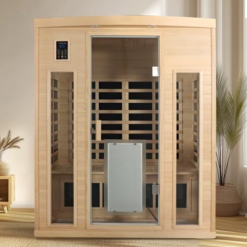 BYCDD Low EMF Three Person Far Infrared Sauna Kit by Heating Method for Home, Steam Room, Indoor Outdoor Saunas Box with Wood Glass,a