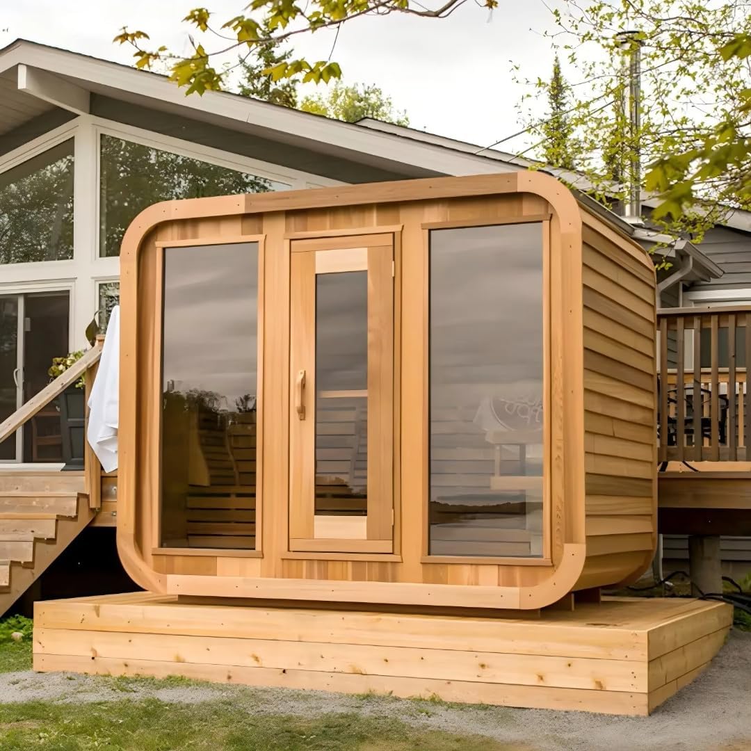 Enlightened Spaces Outdoor Cedar Sauna Pod with Red Light Therapy, Low EMF FAR Infrared Technology, Personal Indoor/Outdoor Dry Heat Steam Room for Home, 1-2 Person Capacity