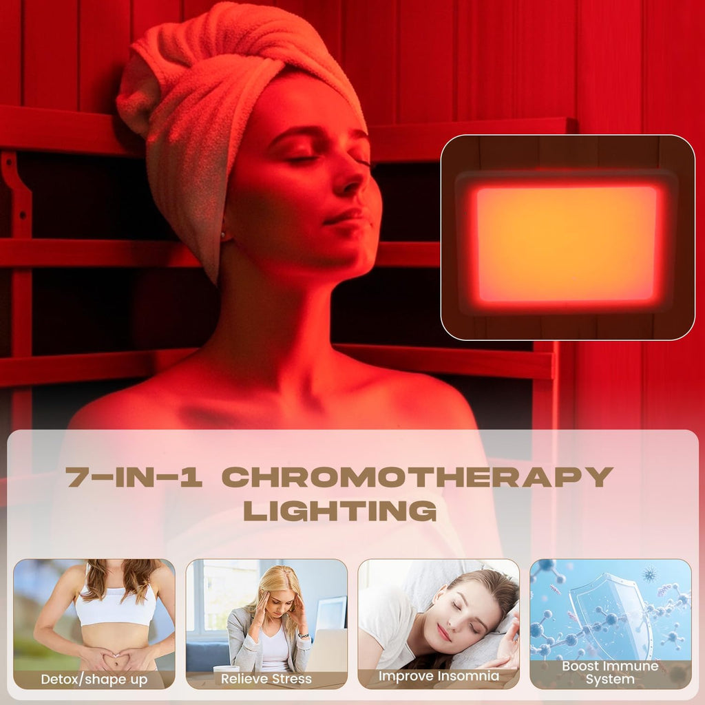 BNEHS Full Spectrum Infrared Sauna, 2 Person Wooden Sauna for Home, Indoor Dry Saunas with 5 Carbon Panels and 1 Carbon Tube, Oxygen Bar and 7 Color Light Strips, Canadian Hemlock,110V