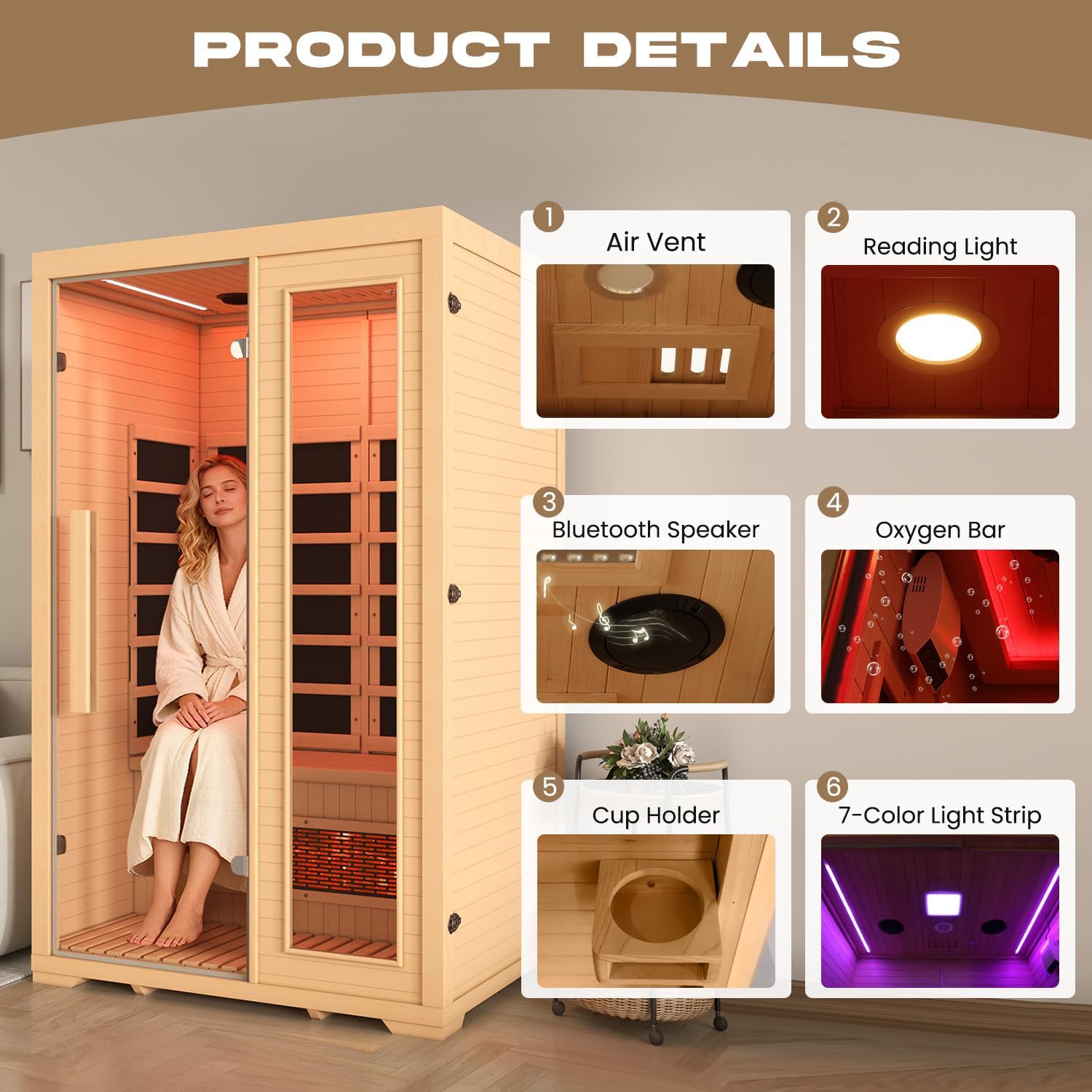 BNEHS Full Spectrum Infrared Sauna, 2 Person Wooden Sauna for Home, Indoor Dry Saunas with 5 Carbon Panels and 1 Carbon Tube, Oxygen Bar and 7 Color Light Strips, Canadian Hemlock,110V
