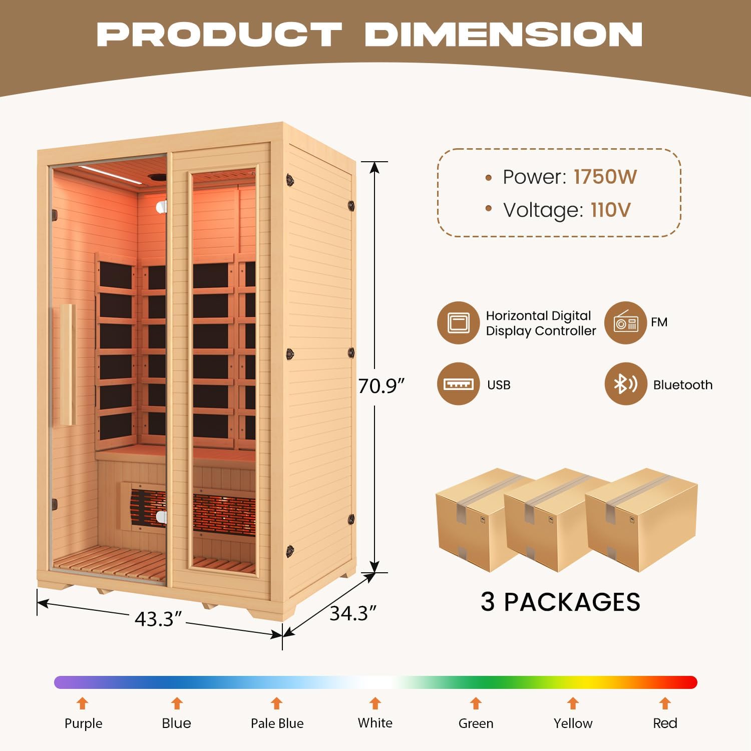 BNEHS Full Spectrum Infrared Sauna, 2 Person Wooden Sauna for Home, Indoor Dry Saunas with 5 Carbon Panels and 1 Carbon Tube, Oxygen Bar and 7 Color Light Strips, Canadian Hemlock,110V