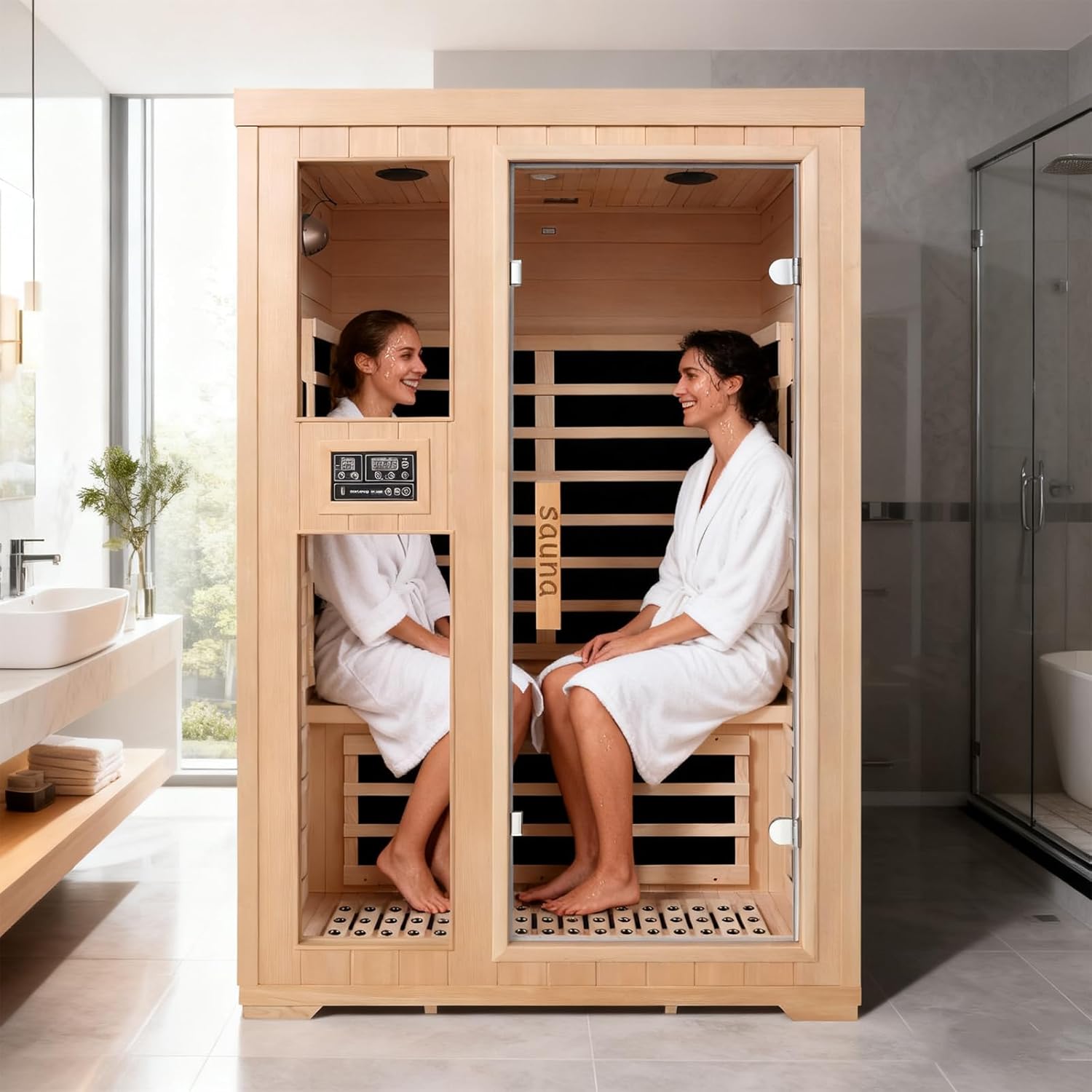Homsido 2-Person Low EMF Far Infrared Sauna for Home,Canadian Hemlock Wood with Far Infrared Heat Therapy,Bluetooth Speakers,Chromotherapy Lights,1850W Heater,Tempered Glass Door&LCD Control Panel