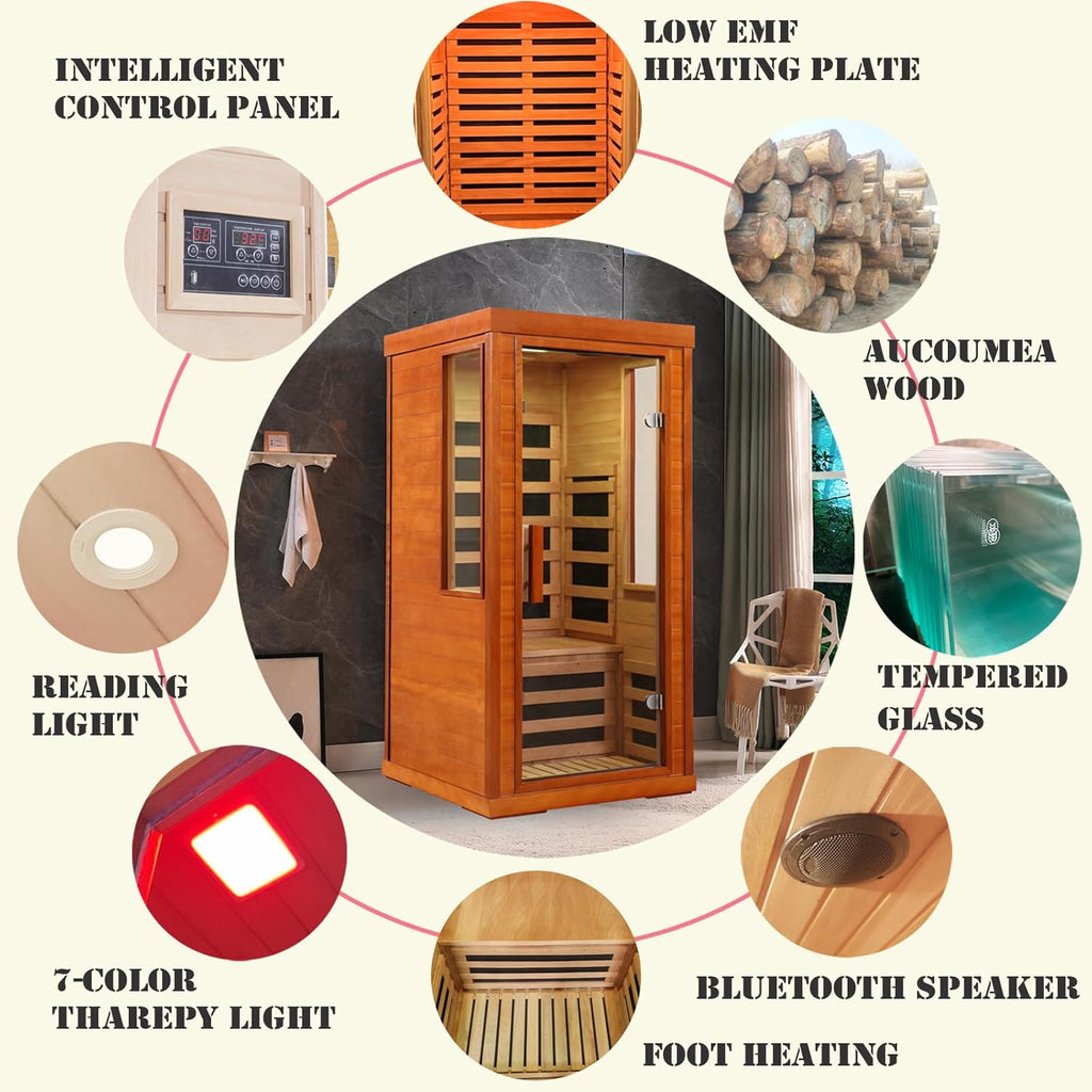 BYCDD 1 Person Far Infrared Sauna Kit by Heating Method for Home, Solid Wood Indoor Outdoor Saunas Box with Steam Room Feature, Portable Home Sauna,a