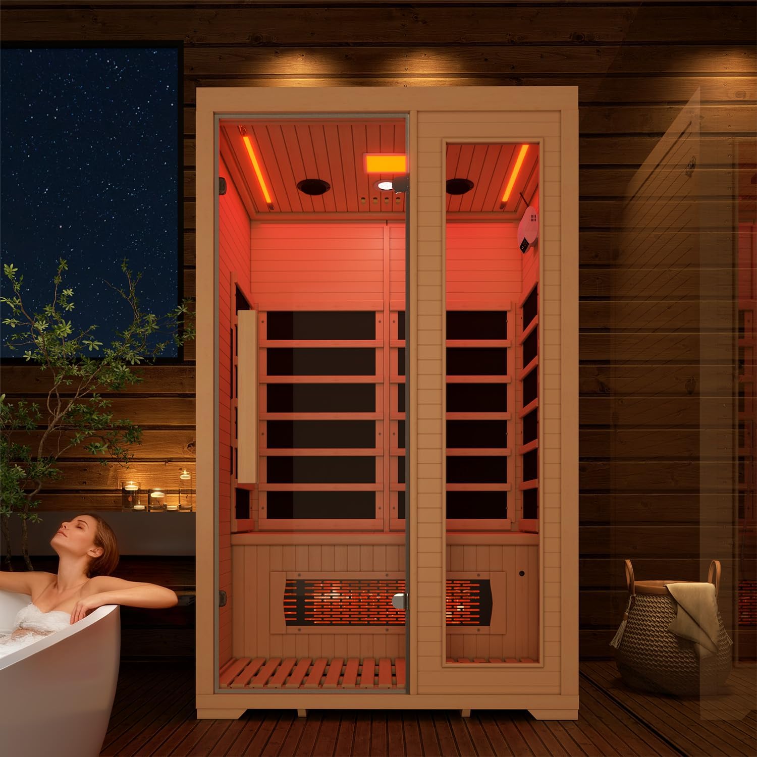 BNEHS Full Spectrum Infrared Sauna, 2 Person Wooden Sauna for Home, Indoor Dry Saunas with 5 Carbon Panels and 1 Carbon Tube, Oxygen Bar and 7 Color Light Strips, Canadian Hemlock,110V
