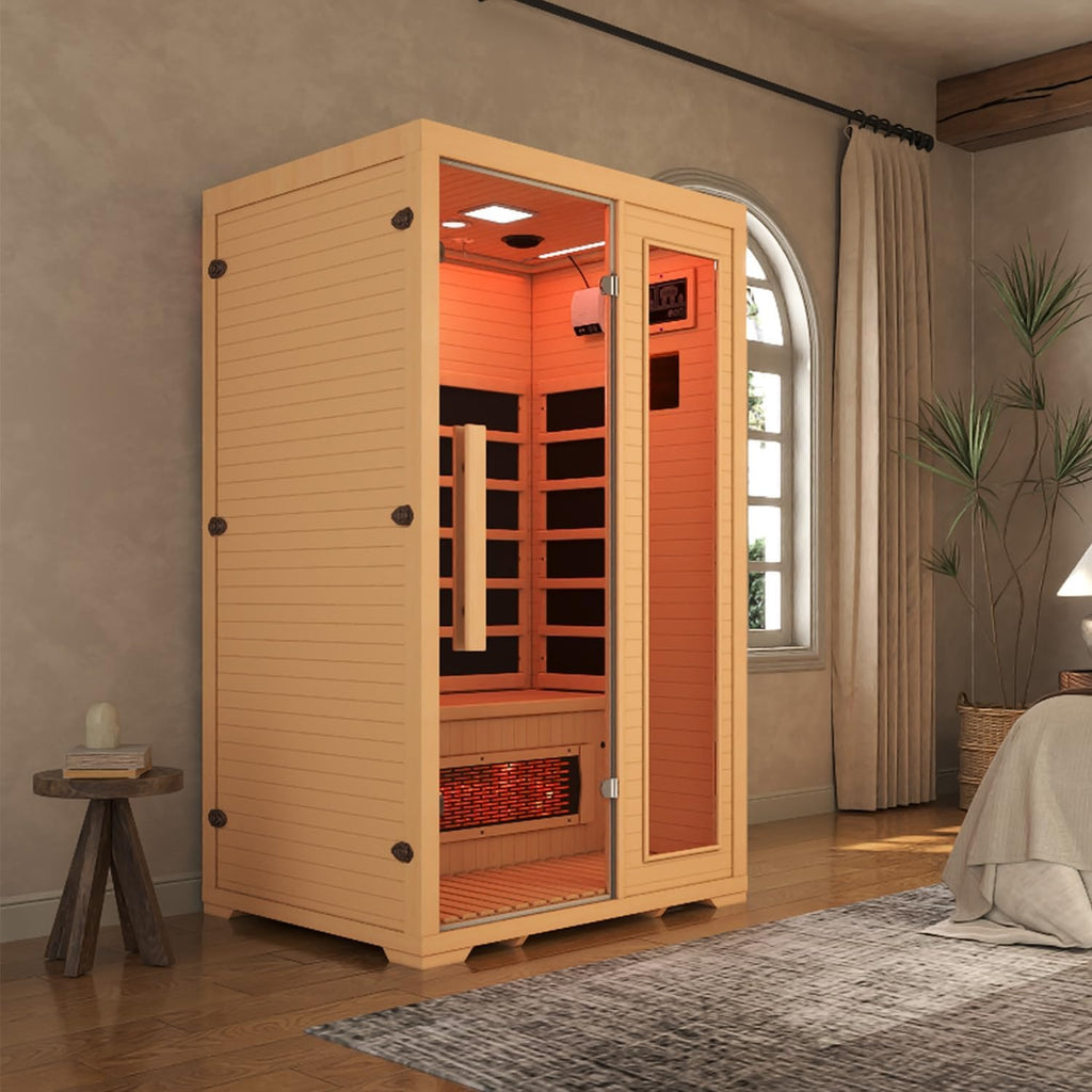 BNEHS Full Spectrum Infrared Sauna, 2 Person Wooden Sauna for Home, Indoor Dry Saunas with 5 Carbon Panels and 1 Carbon Tube, Oxygen Bar and 7 Color Light Strips, Canadian Hemlock,110V
