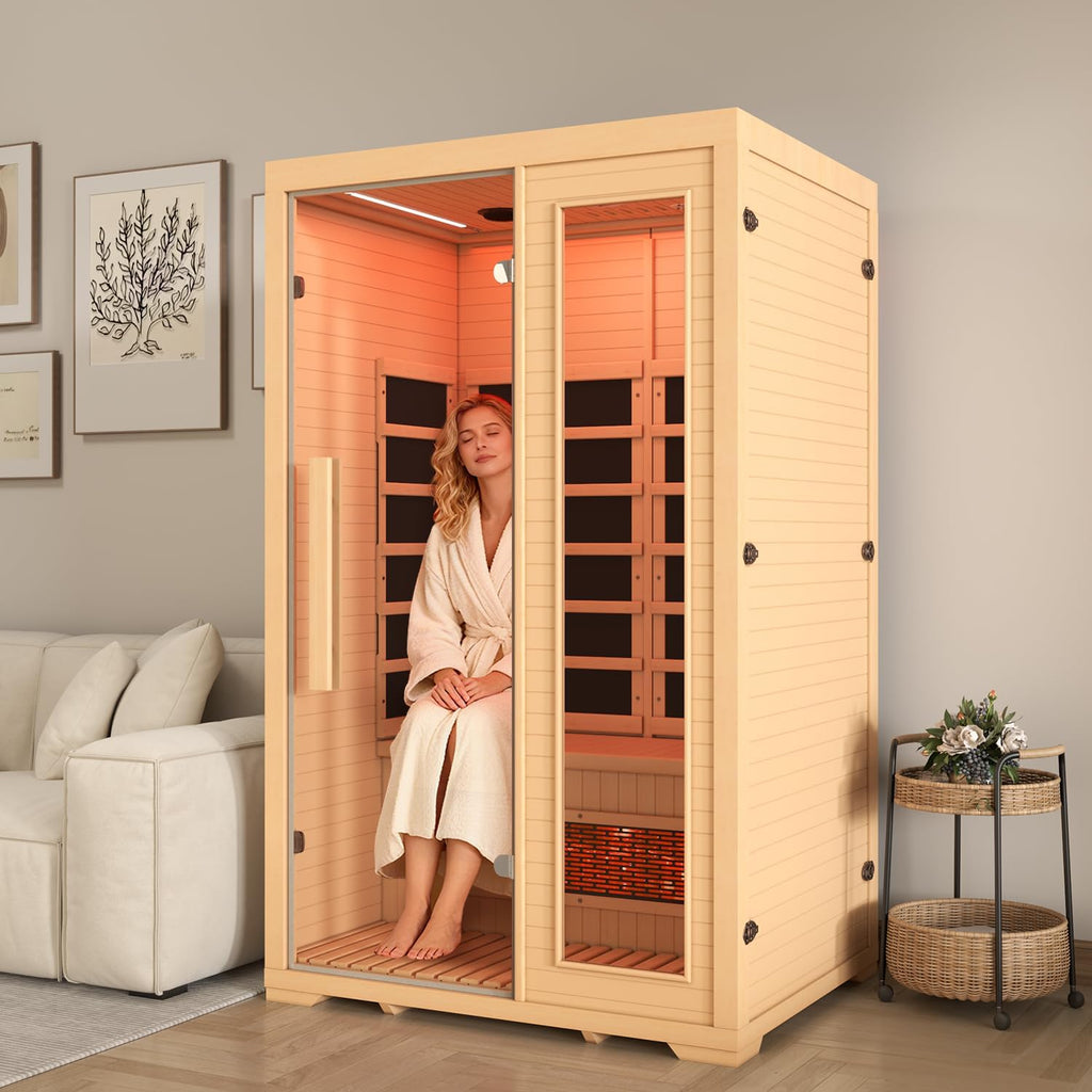 BNEHS Full Spectrum Infrared Sauna, 2 Person Wooden Sauna for Home, Indoor Dry Saunas with 5 Carbon Panels and 1 Carbon Tube, Oxygen Bar and 7 Color Light Strips, Canadian Hemlock,110V