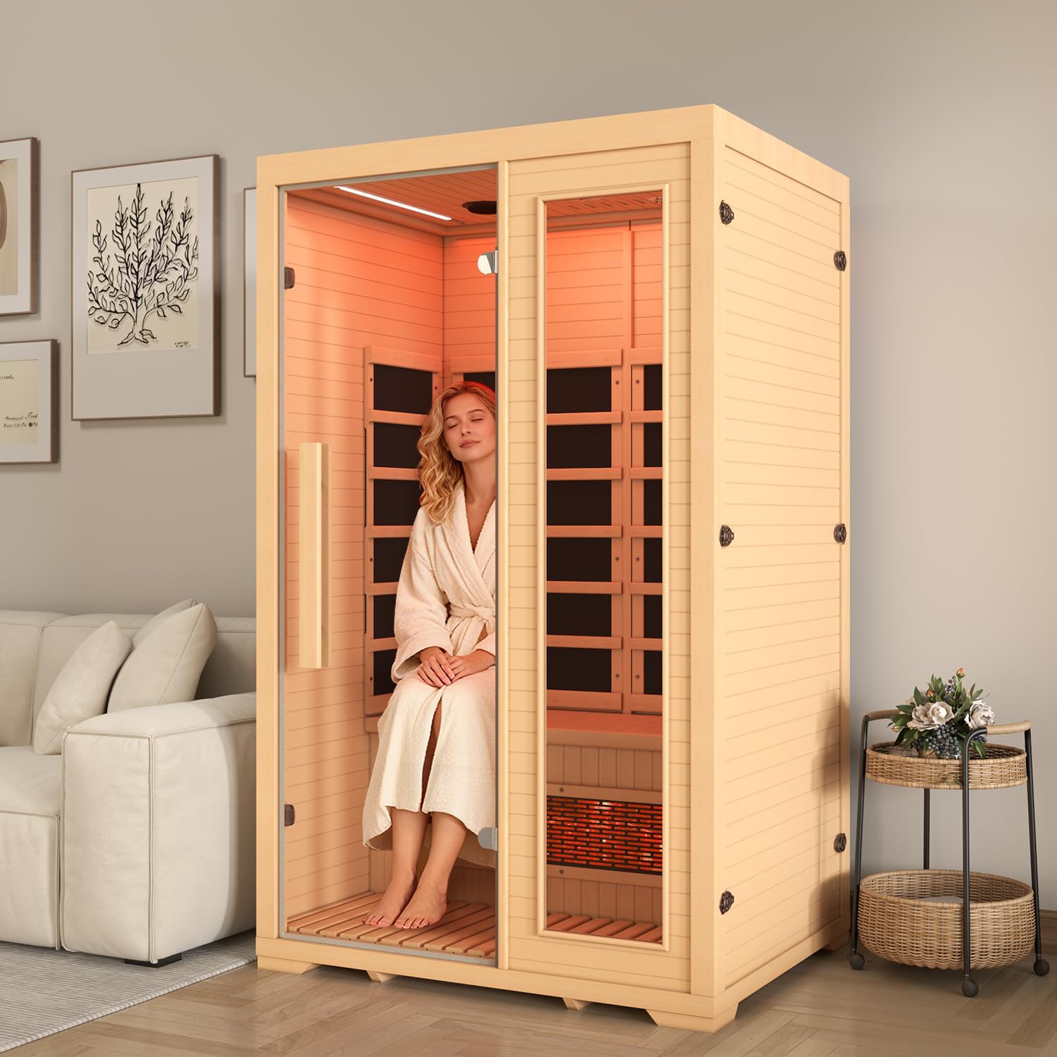 BNEHS Full Spectrum Infrared Sauna, 2 Person Wooden Sauna for Home, Indoor Dry Saunas with 5 Carbon Panels and 1 Carbon Tube, Oxygen Bar and 7 Color Light Strips, Canadian Hemlock,110V