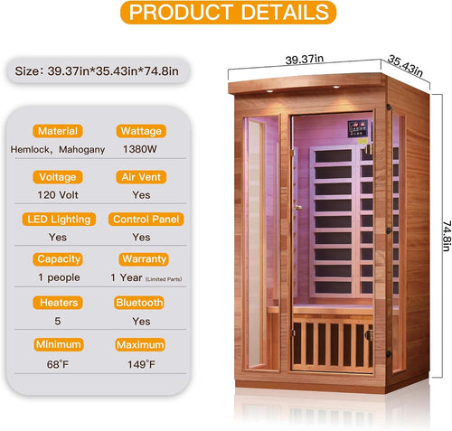 2 Person Low EMF Far Infrared Sauna Hemlock Wood 7 Led Light Therapy and Bluetooth Speaker Tempered Glass 120V/1380W Indoor Sauna Luxury Spa for House and Gym (2 Person)