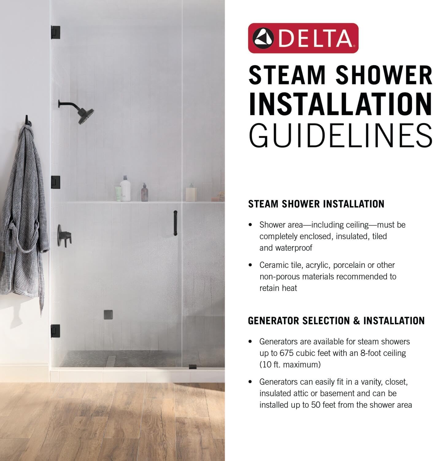 Delta Faucet SimpleSteam 7.5kW Steam System Kit Brushed Nickel, Includes 7.5kW Steam System Generator, Square Digital System Control, Square Steam Head, Lumicoat Stainless 5P-EST07-SS-PR