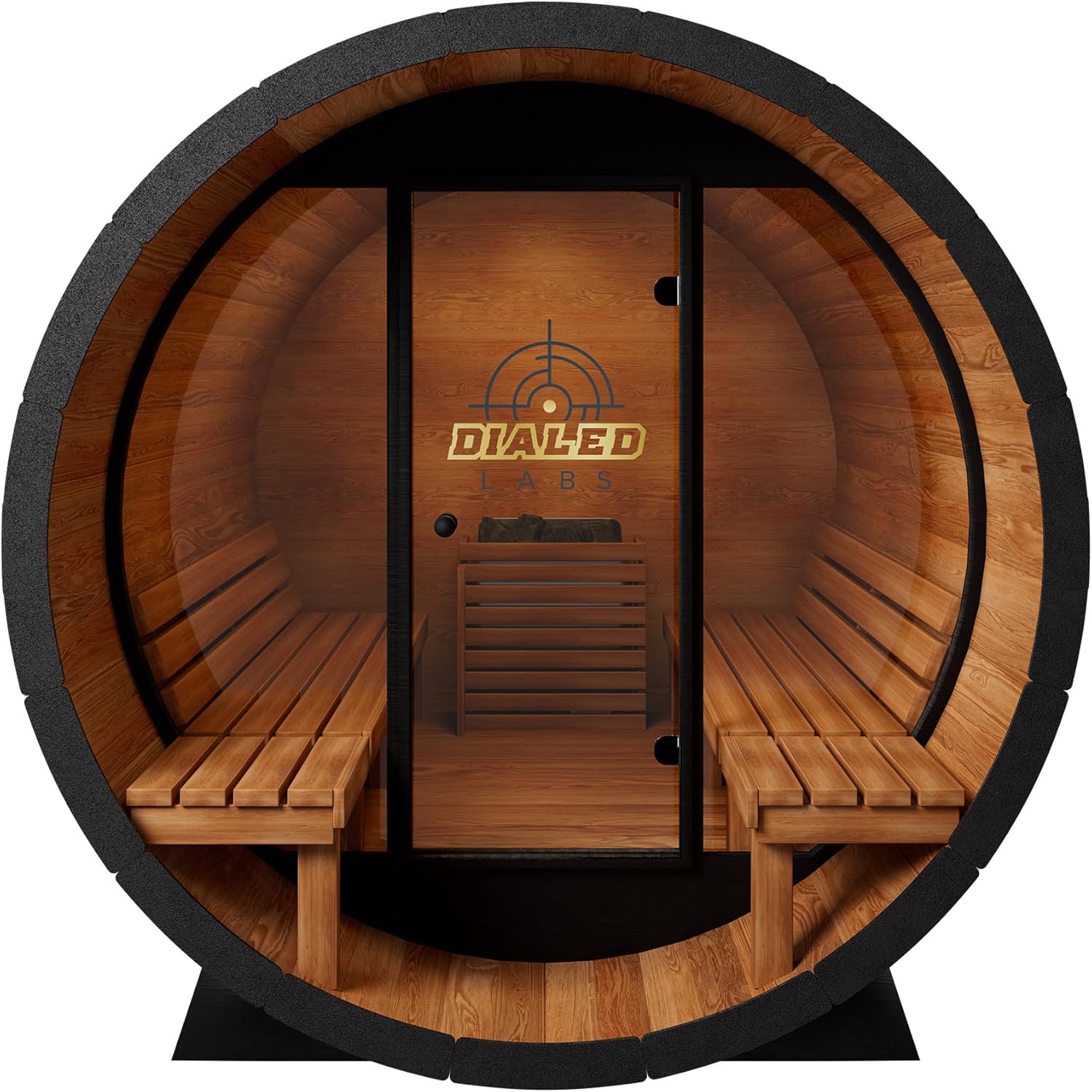 Dialed Barrel 6-9 Person Outdoor Sauna, Oil-Treated Spruce, Wi-Fi Harvia 9kW Heater, Panoramic View, Infrared Therapy, Social Wellness Spa, 230V