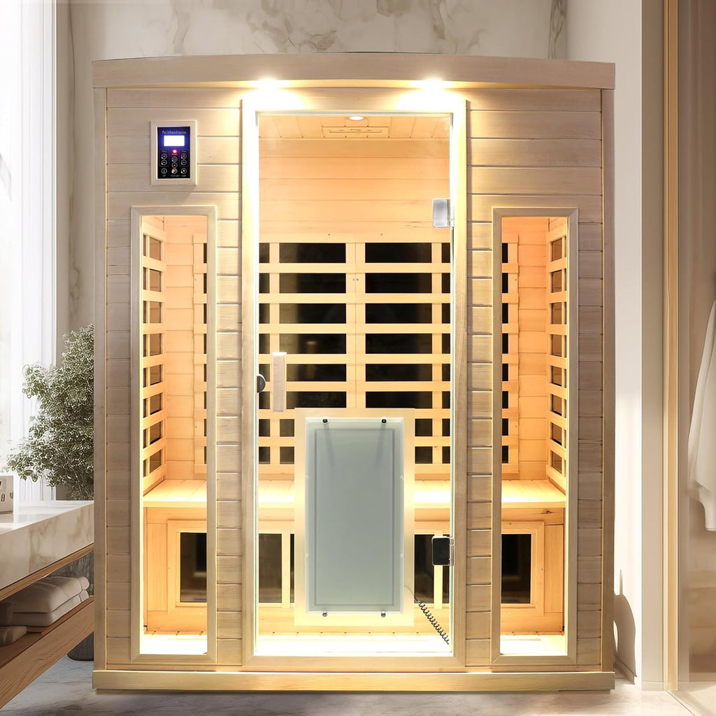 BYCDD Low EMF Three Person Far Infrared Sauna Kit by Heating Method for Home, Steam Room, Indoor Outdoor Saunas Box with Wood Glass,a