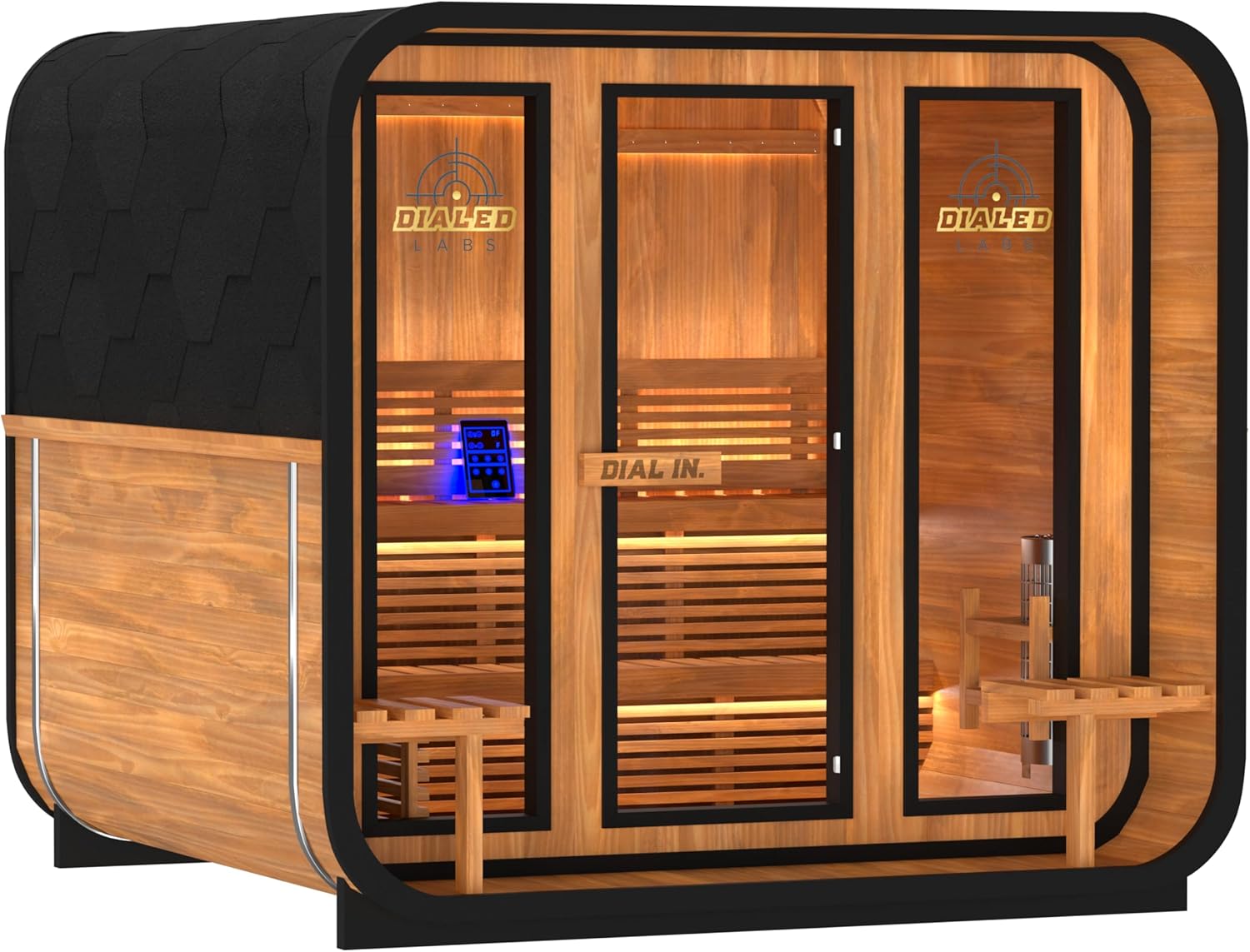 Dialed King 7-8 Person Outdoor Sauna, Oil-Treated Wood, Wi-Fi Harvia 8kW Heater, Panoramic Design, Infrared Therapy, Family Wellness Spa, 230V