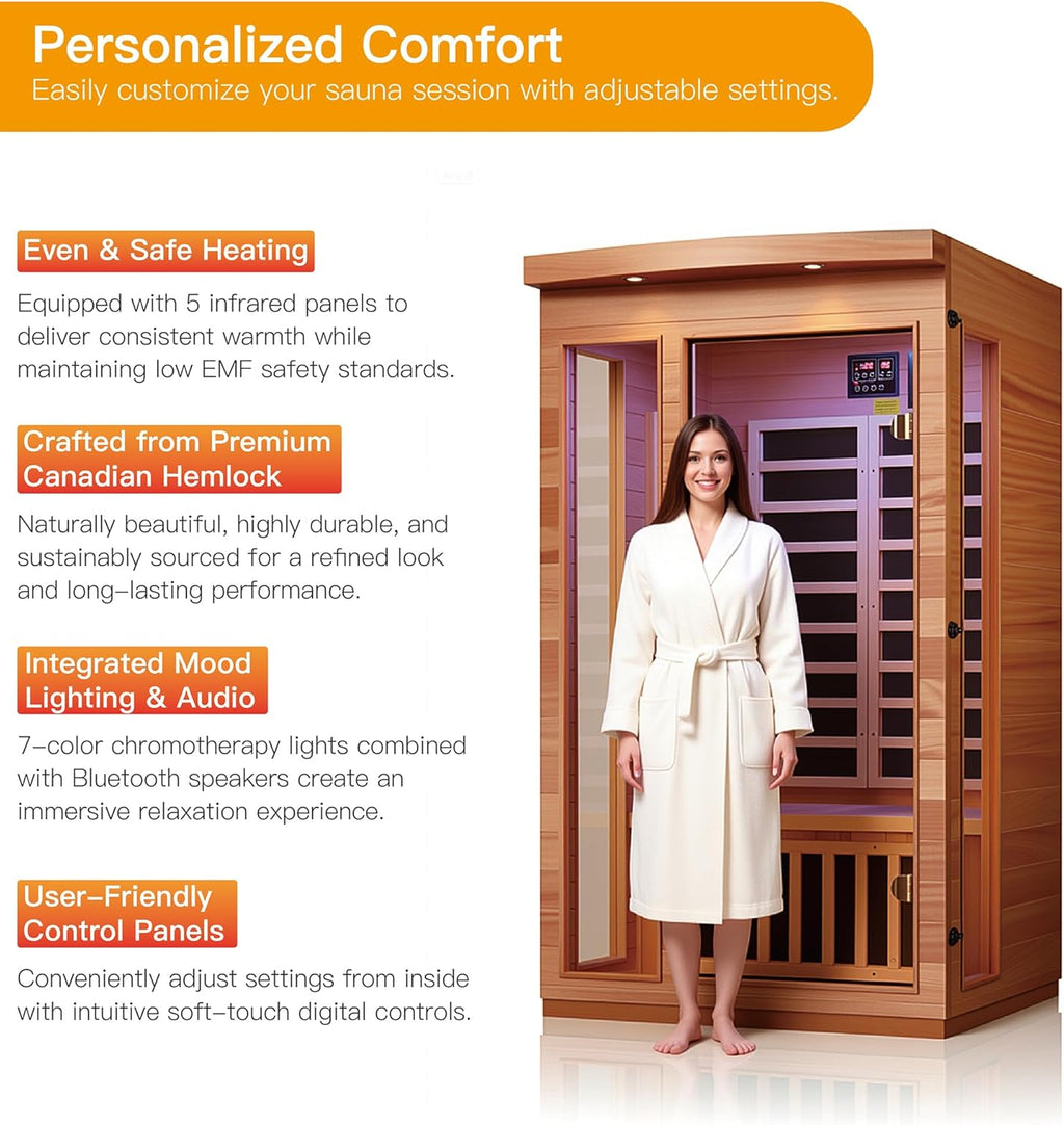 2 Person Low EMF Far Infrared Sauna Hemlock Wood 7 Led Light Therapy and Bluetooth Speaker Tempered Glass 120V/1380W Indoor Sauna Luxury Spa for House and Gym (2 Person)