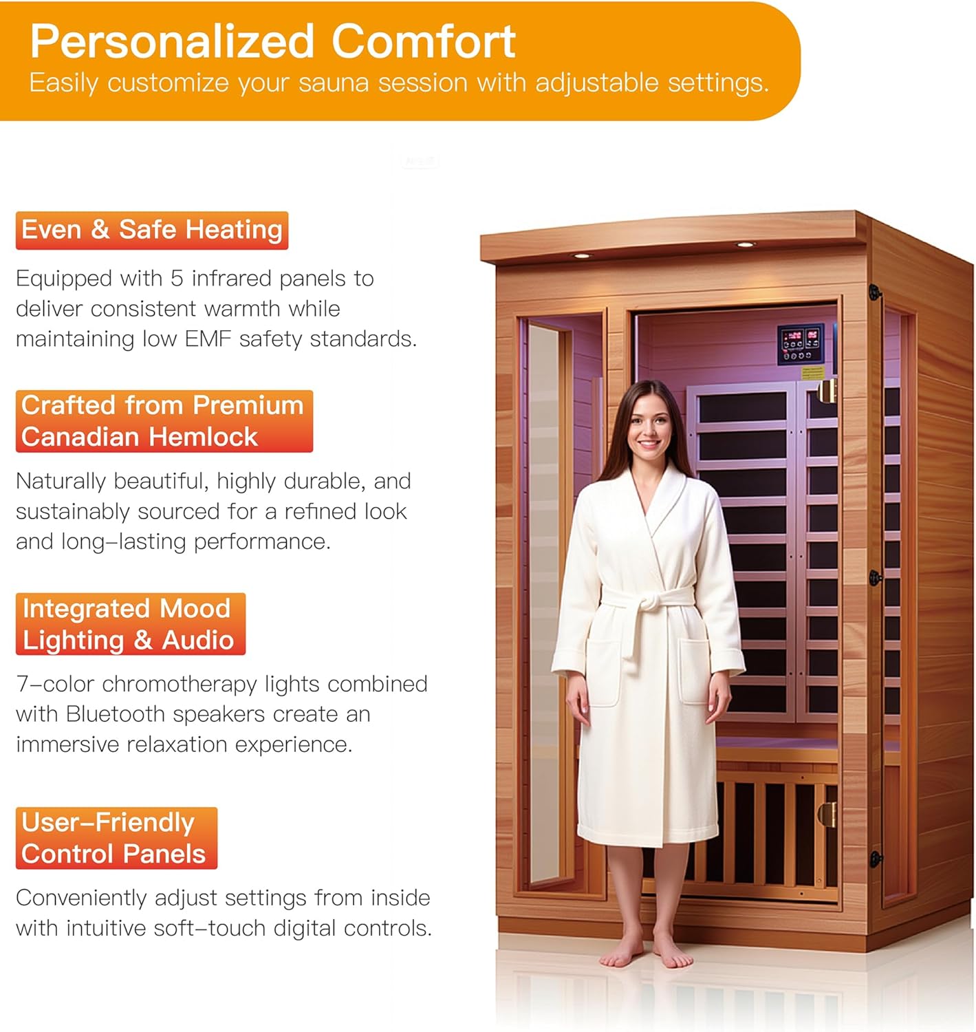 2 Person Low EMF Far Infrared Sauna Hemlock Wood 7 Led Light Therapy and Bluetooth Speaker Tempered Glass 120V/1380W Indoor Sauna Luxury Spa for House and Gym (2 Person)