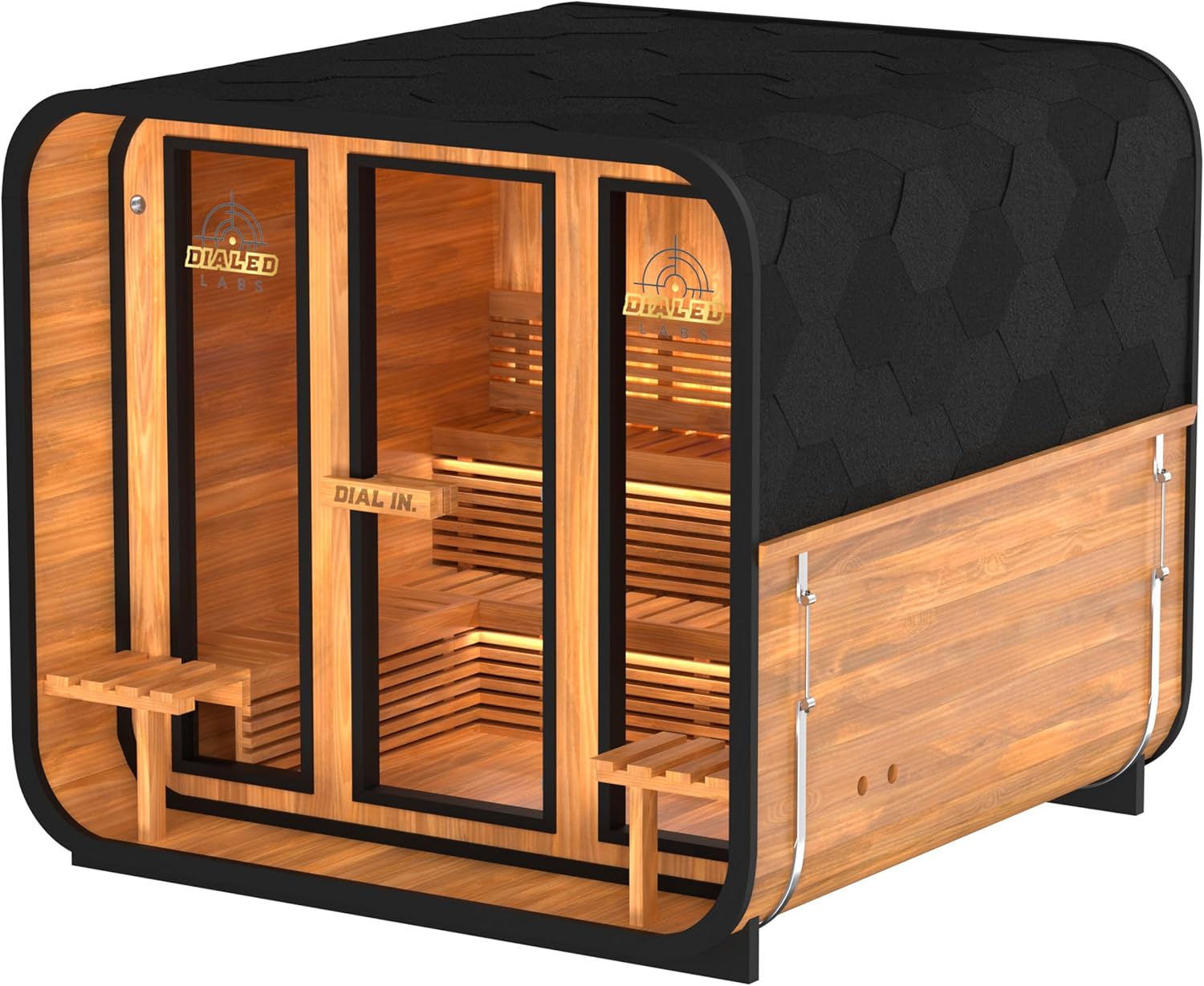 Dialed King 7-8 Person Outdoor Sauna, Oil-Treated Wood, Wi-Fi Harvia 8kW Heater, Panoramic Design, Infrared Therapy, Family Wellness Spa, 230V